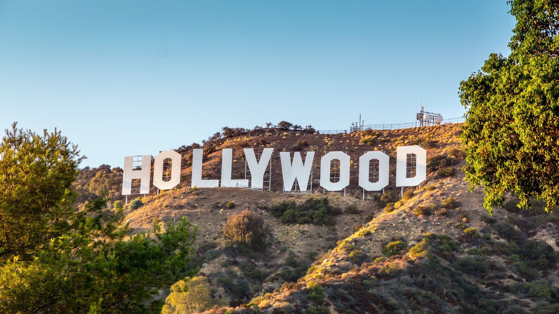 A photograph of the famous hillside Hollywood sign